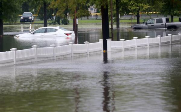 Vehicles stranded in flood waters at Rogers Park in Danbury, Co<em></em>nnecticut due to heavy rainfall