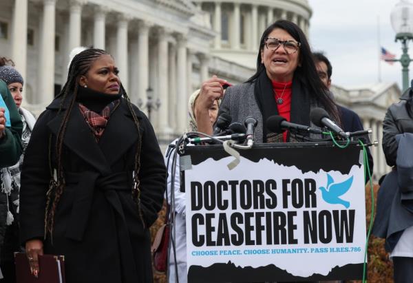 US Rep. Rashida Tlaib speaks at a press co<em></em>nference alo<em></em>ngside Rep. Cori Bush outside the US Capitol during a Doctors Against Genocide event on Dec. 7, 2023.