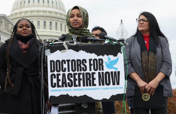 US Rep. Ilhan Omar(D-MN) speaks in front of the US Capitol during a press co<em></em>nference for the newly formed group Doctors Against Genocide on Dec. 7, 2023.