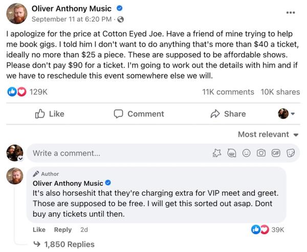 Oliver Anthony later apologized to Cotton Eye Joe a<em></em>bout the incident in another Facebook post.