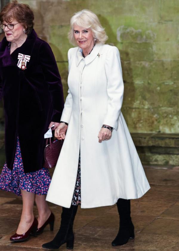 Queen Camilla attending a musical evening at Salisbury Cathedral for charity, pictured with Camilla Parker-Bowles.
