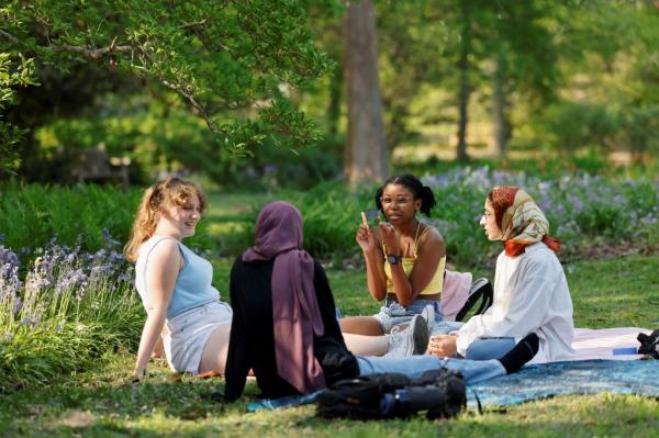 Four diverse students on a lawn talking