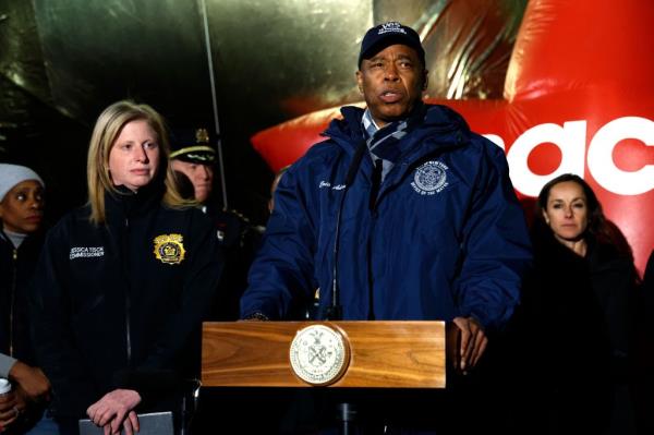 New York Police Commissio<em></em>ner Jessica Tisch and New York City Mayor Eric Adams and city officials hold a public safety press co<em></em>nference ahead of the Macys Thanksgiving Day Parade on November 27, 2024 in New York City.