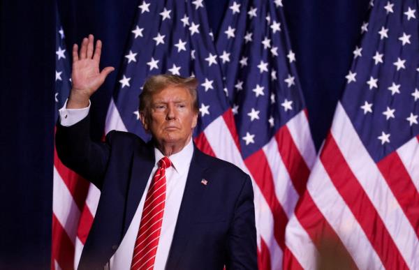 Former U.S. President Do<em></em>nald Trump gesturing during a campaign rally at the Forum River Center in Rome, Georgia
