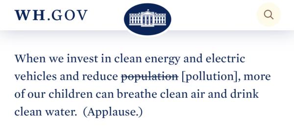 The correction, which indicates that investing in clean energy and reducing pollution (rather than the population) would help provide clean air and water for the country.