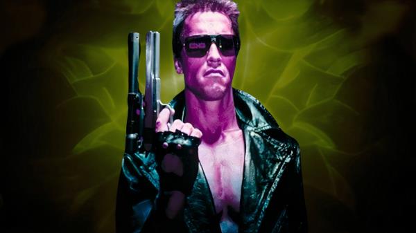 Arnold Schwarzenegger holding a gun in The Terminator over and image from Terminator Zero.