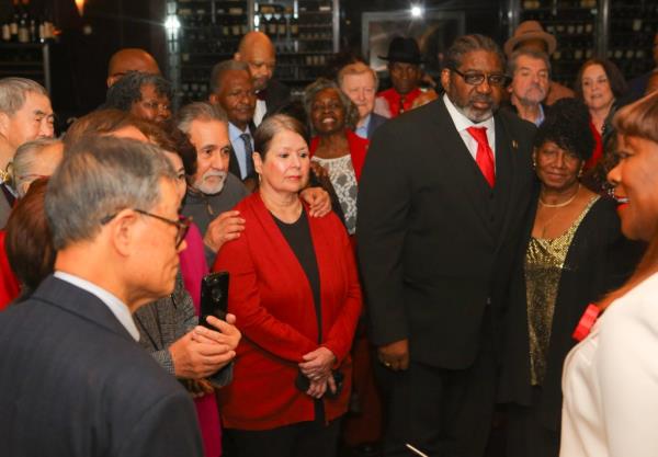 50 couples renewing their wedding vows in a room at Empire Steak House, as part of a Valentine's Day event in Manhattan, New York.