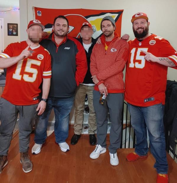 David Harrington, left, Clayton McGeeney, second from right, and Ricky Johnson, right, with one of them holding a beer can.