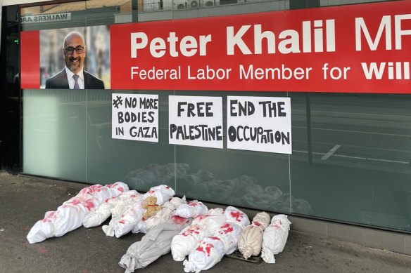 Fake bodies outside Labor MP Peter Khalil’s electorate office in Coburg.