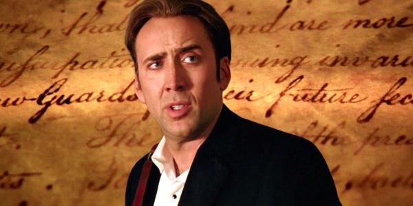 Nicolas Cage talking while the Declaration of Independence is the background in Natio<em></em>nal Treasure image