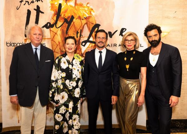 Graydon Carter, Olivier Bron, Isabella Rossellini, Christine Baranski, and Morgan Spector posing together at an event