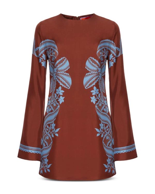 Brown silk mini swing dress with blue flowers, available at Bloomingdale's