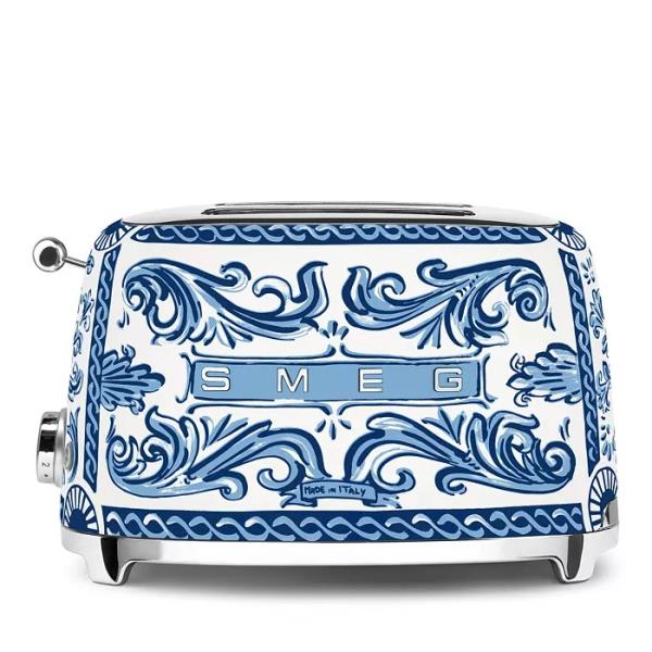 A white and blue painted toaster from Bloomingdales for Alexa NYFW, photo courtesy of the brand