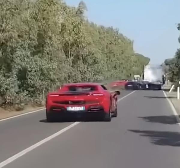 A red Ferrari slammed into a blue Lamborghini, which went on to strike a white camper during a supercar tour in South Sardinia, A red Ferrari slammed into a blue Lamborghini, which went on to strike a white camper during a supercar tour in South Sardinia, Italy.