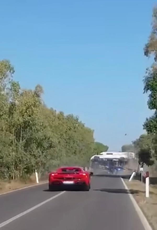The force of the collison sent the camper flying into the air. 