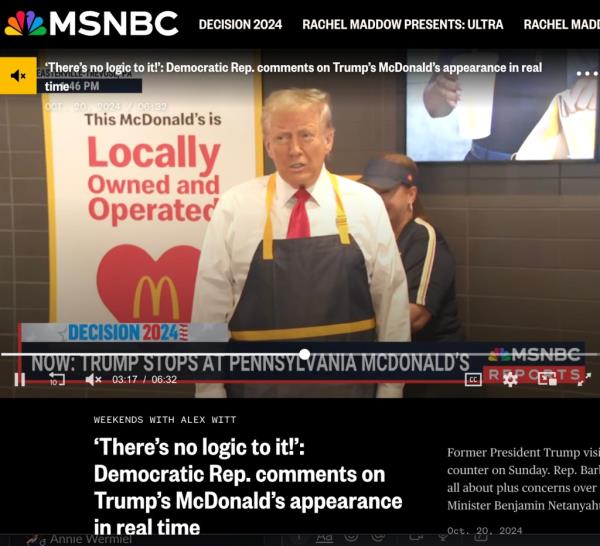 Do<em></em>nald Trump in a red tie working at a McDonald's restaurant, as seen in a screenshot of MSNBC coverage from October 20, 2024.
