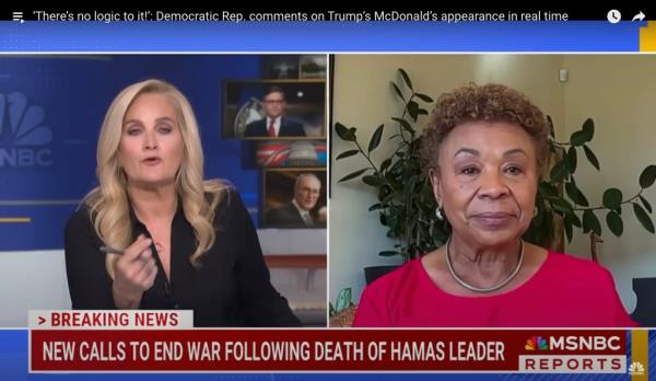 Screenshot of MSNBC's Alex Witt and guest Co<em></em>ngresswoman Barbara Lee discussing Do<em></em>nald Trump working at a McDonald's restaurant on Oct 20, 2024.