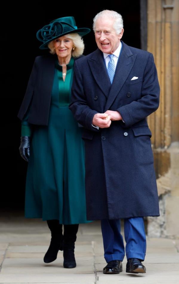 Queen Camilla and King Charles III attending Easter Sunday Mattins Service at St George's Chapel, Windsor Castle in 2024