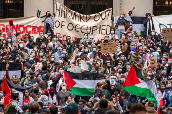Supporters of Palestinians gather at Harvard University to show their support for Palestinians in Gaza at a rally in Cambridge, Massachusetts, on October 14, 2023.