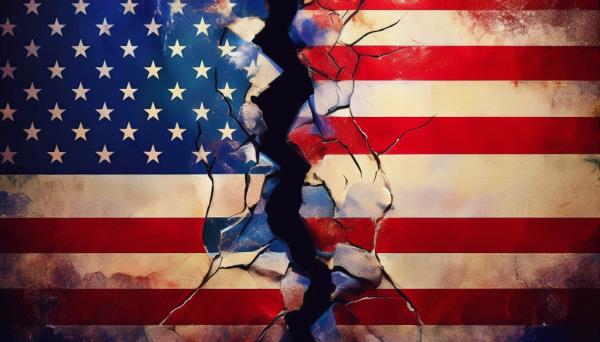 Cracked American flag with a statue in the background