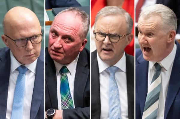 Sticks and sto<em></em>nes … Opposition Leader Peter Dutton, Natio<em></em>nals MP Barnaby Joyce, Prime Minister Anthony Albanese and Home Affairs Minister Tony Burke.