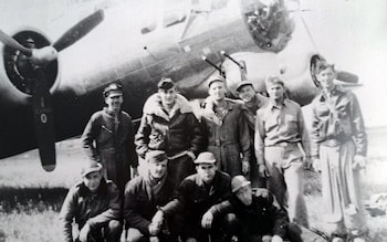 The airmen were (L-R) Aaron Brinkoeter, Hal Hagerty, James Bennett, John McCluskey, Leo Ramos and Walter Malaniak (BOTTOM L-R) William Klemm, Ro<em></em>nald Grey, Norris Thomas and Amos Force