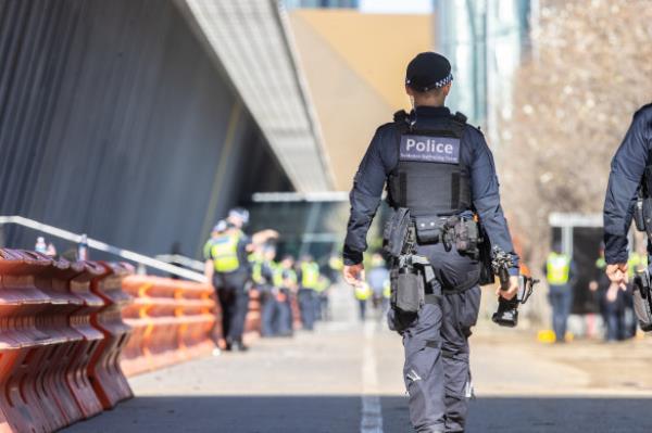 Police presence at the Melbourne Co<em></em>nvention Centre on Saturday ahead of the Land Forces expo.