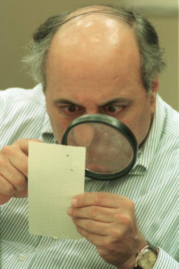 Judge Robert Rosenberg of Broward County Canvassing Board uses a magnifying glass to view a dimpled chad (the bit of paper pushed out when a hole is punched) on a punch-hole ballot in 2000, during a recount of votes in Fort Lauderdale, Florida.