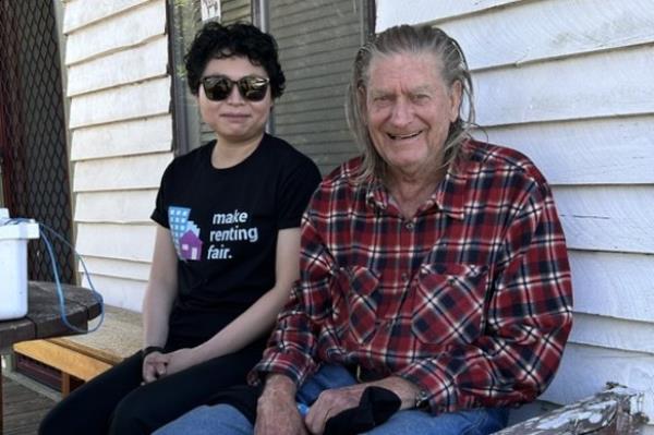 Tenants Unio<em></em>n of NSW strategic litigation solicitor Cass Wong and Joey Warren outside his Catherine Hill Bay home.