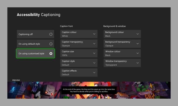 Xbox captio<em></em>ning settings page