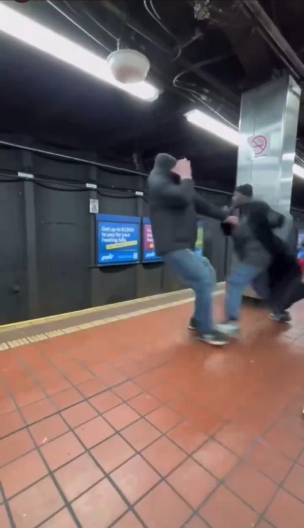 Moments later, the situation becomes violent, with one of the man punching the other twice.