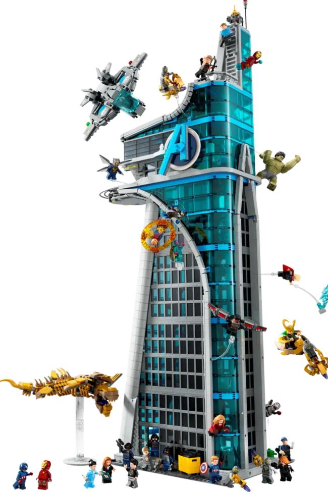 avengers tower lego set with mimifigures climbing and swinging around it