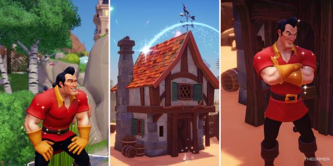Disney Dreamlight Valley combined images of Gaston and the lodge