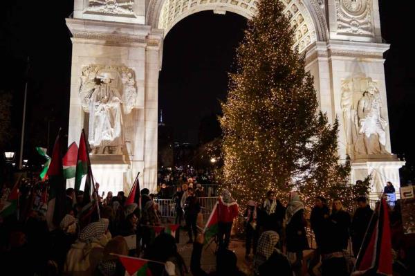 Protestors gather during a rally at Washington Square Park.