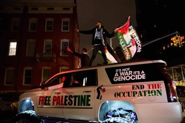 Pro-Palestinian protestors gather during a rally at Washington Square Park.