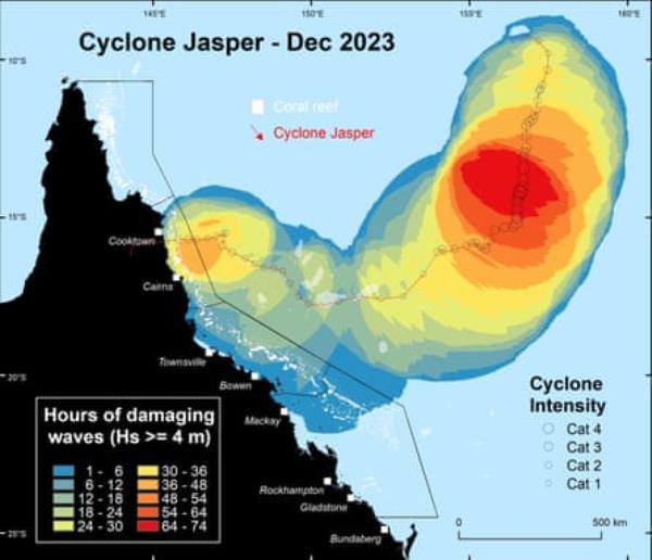 Graphic showing the extent of the Great Barrier Reef exposed to wave heights greater than 4m