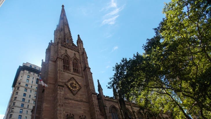 Manhattan's Trinity Church on Broadway and Wall Street.