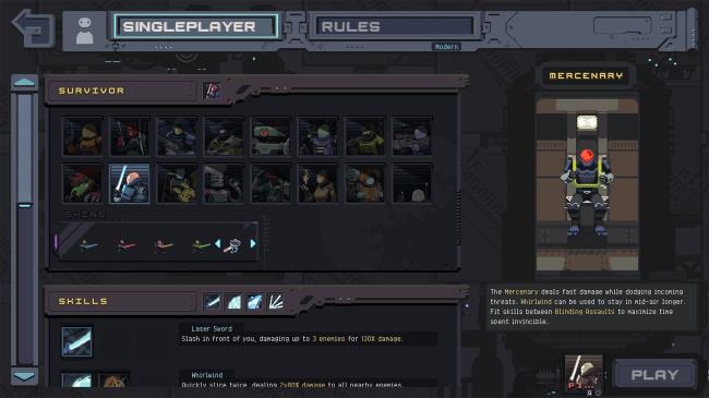mercenary strange prism skin wearing dark blue and red armor on the character select screen