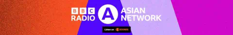 A logo for BBC Asian Network written on a background of orange, blue, purple and pink. There is a 