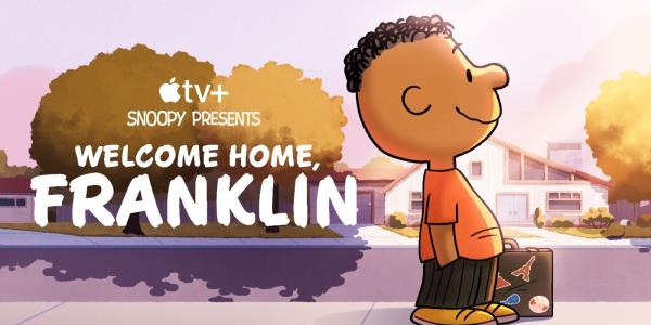 Franklin wearing an orange shirt and black pants with a briefcase next to houses in Welcome Home Franklin