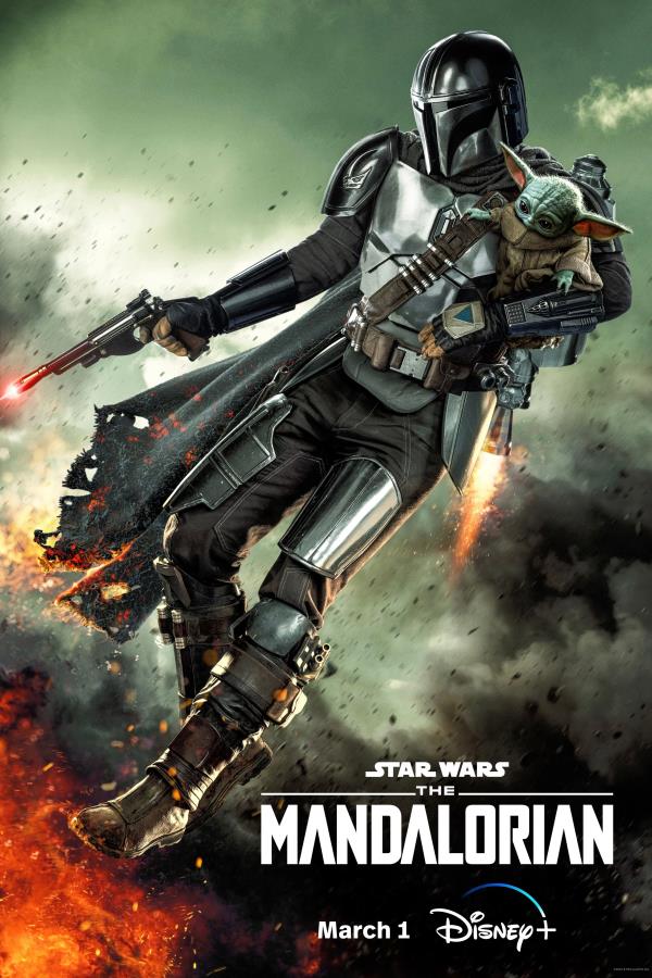 Din Djarin to the left and Cara Dune to the right looking serious in a combined image from The Mandalorian