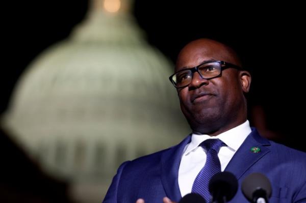 Rep. Jamaal Bowman (D-NY) speaks at a news co<em></em>nference calling for a ceasefire in Gaza outside the U.S. Capitol building on Nov. 13, 2023, in Washington.