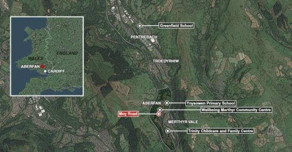 Aberfan Map Trinity Childcare and Family Centre Ltd Aberfan Ynysowen Primary School in Aberfan Greenfield School Wellbeing@Merthyr Community Centre Moy Road METRO GRAPHICS Credit Google / metro.co.uk