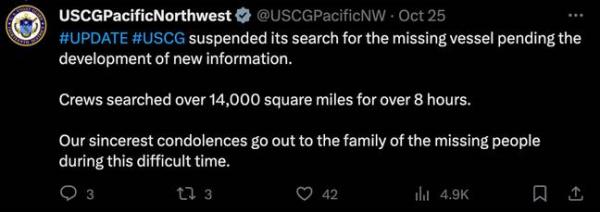 The US Coast Guard's search was suspended on 25 October. Credit: X/ @USCGPacificNW
