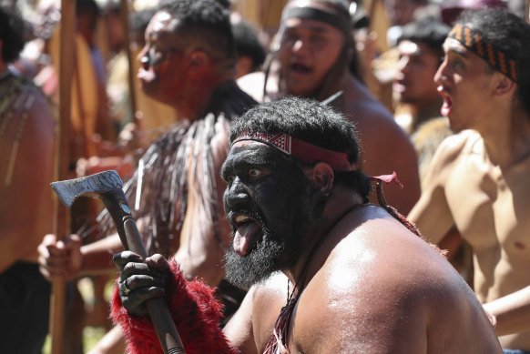Maori perform a welcome haka for Prime Minister Christopher Luxon and officials at the Waitangi Treaty House. In a fiery exchange at the birthplace of modern New Zealand, Indigenous leaders stro<em></em>ngly criticised the current government’s approach to Maori.