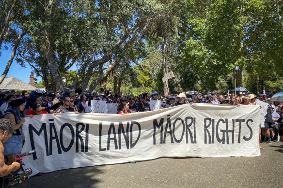 New Zealand Maori activists march o<em></em>nto the Waitangi Treaty House grounds ahead of the annual public meeting.