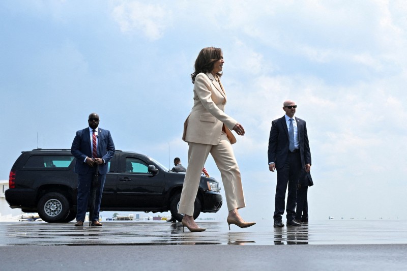 US Vice President Kamala Harris walks to board Air Force Two at Indianapolis Internatio<em></em>nal Airport in Indianapolis, Indiana.